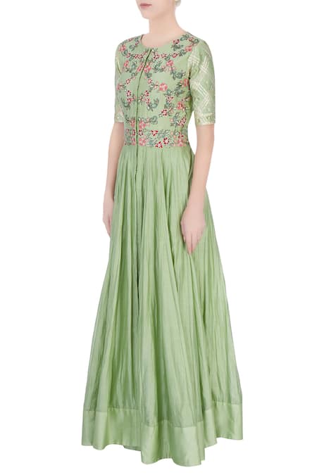 Buy_Neha Khullar_Green Pastel Embroidered Anarkali Dress _Online_at_Aza_Fashions