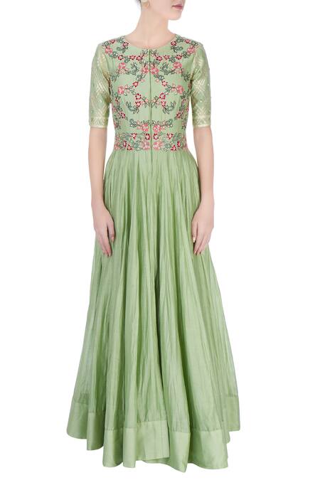 Shop_Neha Khullar_Green Pastel Embroidered Anarkali Dress _Online_at_Aza_Fashions