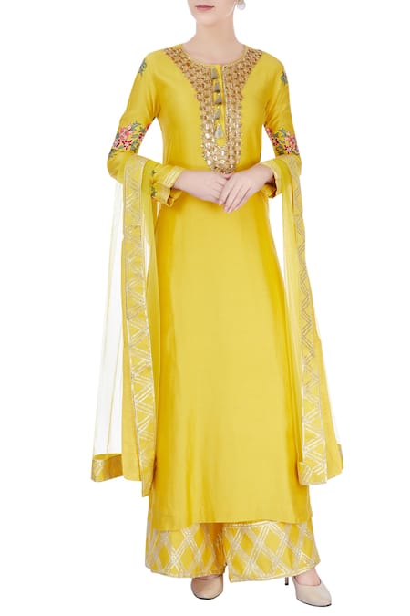 Neha Khullar Yellow embroidered kurta set For Kids