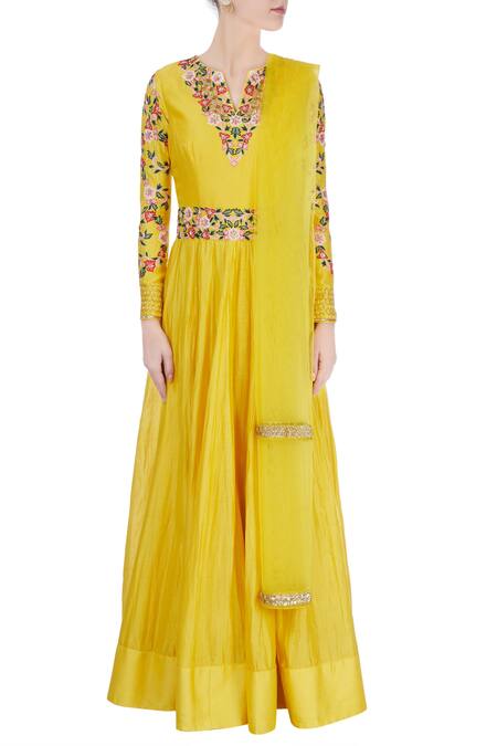 Shop_Neha Khullar_Yellow Embroidered Anarkali Set _Online_at_Aza_Fashions