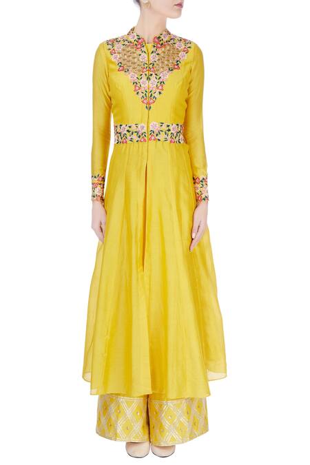 Shop Neha Khullar Yellow Embroidered Kurta Jacket And Pants Online at Aza Fashions Shop_Neha Khullar_Yellow Embroidered Kurta Jacket And Pants _Online_at_Aza_Fashions