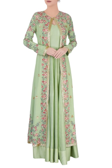 Neha Khullar Pastel green anarkali & jacket For Kids