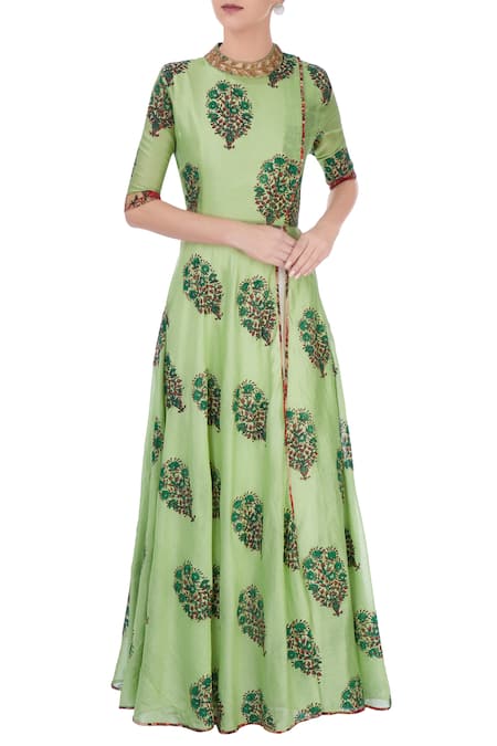 Aksh Green Leaf Print Anarkali