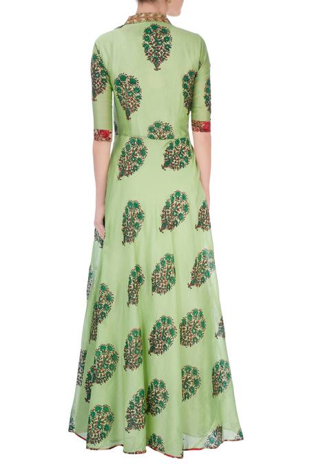 Shop Aksh Green Leaf Print Anarkali at Aza Fashions Shop_Aksh_Green Leaf Print Anarkali_at_Aza_Fashions