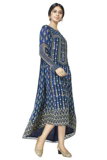 Anita Dongre_Blue Printed Kurti With Asymmetrical Hemline_Online_at_Aza_Fashions