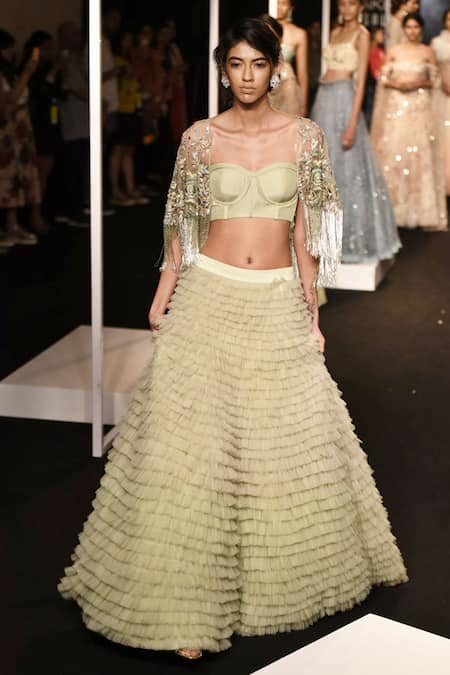 Shop_Monika Nidhii_Green Net Embroidered Resham Jacket Open Sage Lehenga Set With Cape  _at_Aza_Fashions