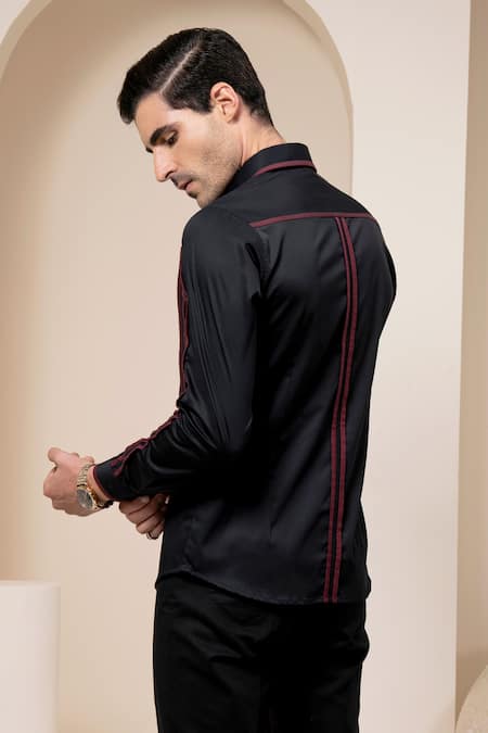 Shop Abkasa Black Cotton Striped Embroidered Shirt at Aza Fashions Shop_Abkasa_Black Cotton Striped Embroidered Shirt _at_Aza_Fashions