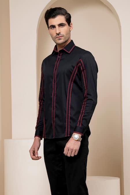 Abkasa Black Cotton Striped Embroidered Shirt Online at Aza Fashions Abkasa_Black Cotton Striped Embroidered Shirt _Online_at_Aza_Fashions