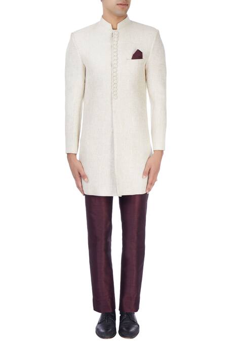 Shop_Manish Nagdeo_Beige Silk Ivory Sherwani With Wine Trousers _Online_at_Aza_Fashions