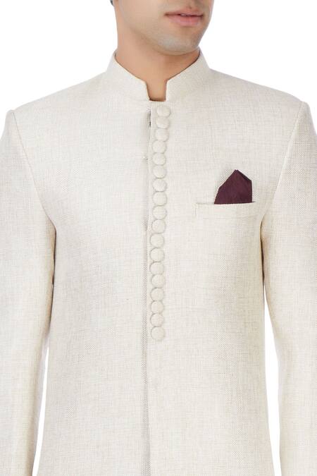 Manish Nagdeo_Beige Silk Ivory Sherwani With Wine Trousers _at_Aza_Fashions