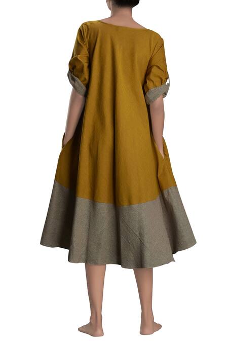Shop MATI_1 Yellow Mustard And Khaki Flared Dress at Aza Fashions Shop_MATI_1_Yellow Mustard And Khaki Flared Dress_at_Aza_Fashions