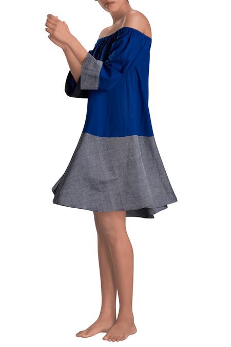 MATI_1_Blue Off-shoulder Short Dress_Online_at_Aza_Fashions