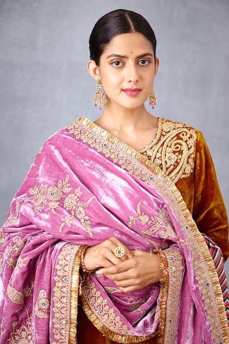 Shop_Torani_Pink Velvet And Crepe Digital Print, Gota Patti, Ruzava Nadira Doshala_Online_at_Aza_Fashions