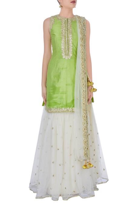 Shop_Preeti S Kapoor_Green And Cream Gota Work Sharara Set_Online_at_Aza_Fashions