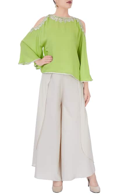 Preeti S Kapoor Grey Green Cold Shoulder Top And Pants