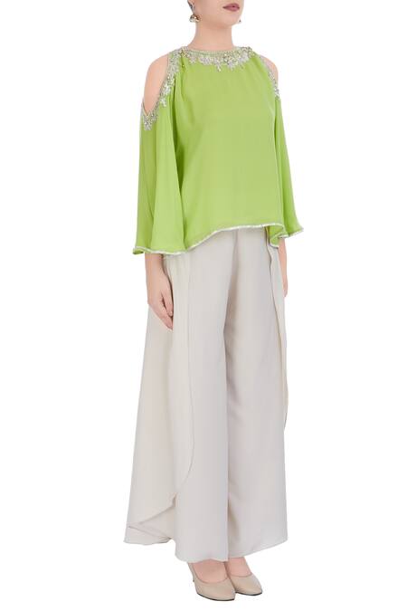 Preeti S Kapoor_Grey Green Cold Shoulder Top And Pants_Online_at_Aza_Fashions