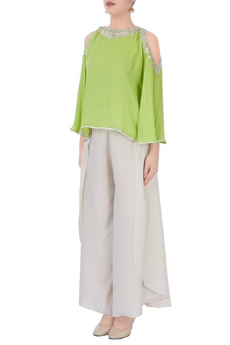 Buy_Preeti S Kapoor_Grey Green Cold Shoulder Top And Pants_Online_at_Aza_Fashions