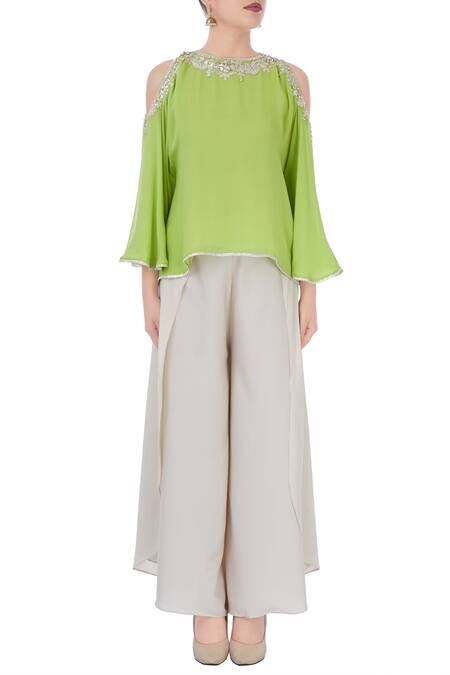 Shop_Preeti S Kapoor_Grey Green Cold Shoulder Top And Pants_Online_at_Aza_Fashions