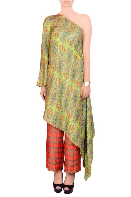 Nautanky Lime green & orange printed kurta set 