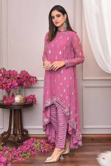 Vvani By Vani Vats Pink Georgette Embroidery Mirror Round Embellished Asymmetric Kurta With Pant 
