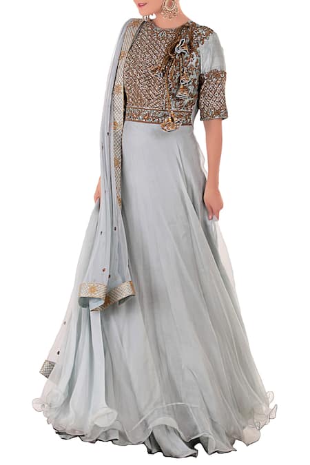 Neha Khullar_Blue Round Embroidered Anarkali With Dupatta _Online_at_Aza_Fashions