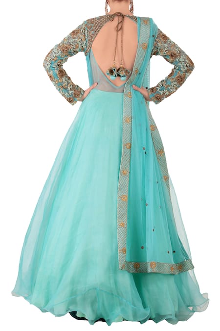 Shop_Neha Khullar_Blue Round Embroidered Anarkali With Dupatta _at_Aza_Fashions