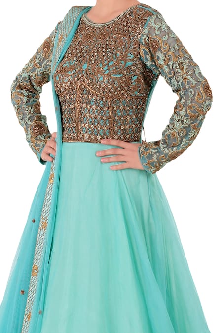 Buy_Neha Khullar_Blue Round Embroidered Anarkali With Dupatta _Online_at_Aza_Fashions