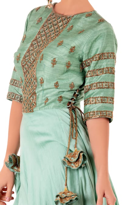 Neha Khullar_Green Sea Asymmetric Kurta _Online_at_Aza_Fashions