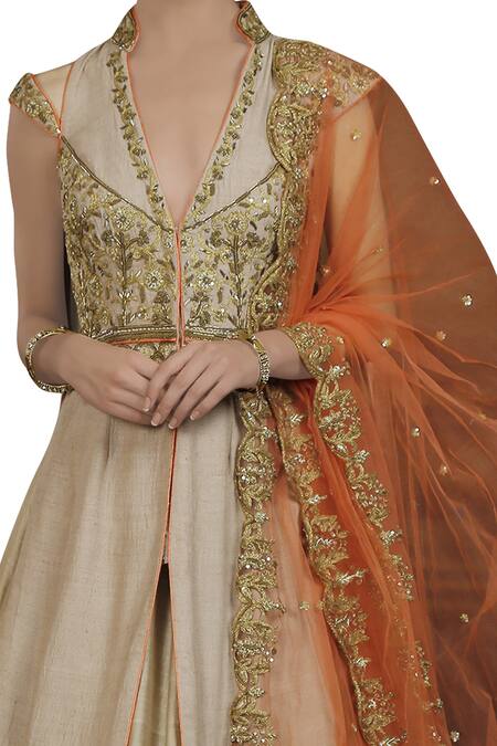 Buy Neha Khullar Beige Net, Chanderi , Matka Orange And Brown Embroidered Jacket Lehenga Online at Aza Fashions Buy_Neha Khullar_Beige Net, Chanderi , Matka Orange And Brown Embroidered Jacket Lehenga _Online_at_Aza_Fashions
