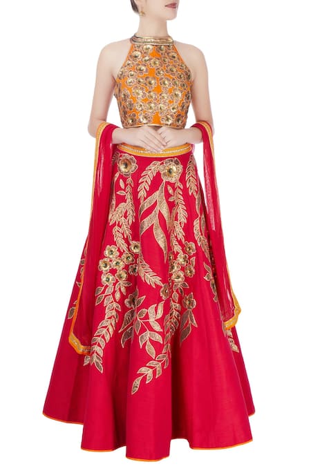 Vandana Sethi Red Raw Silk Embroidered Gota Patti Halter Neck Lehenga Set 