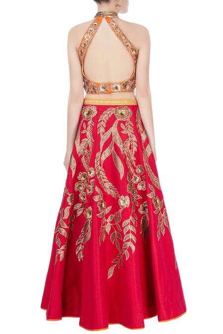 Shop_Vandana Sethi_Red Raw Silk Embroidered Gota Patti Halter Neck Lehenga Set _at_Aza_Fashions