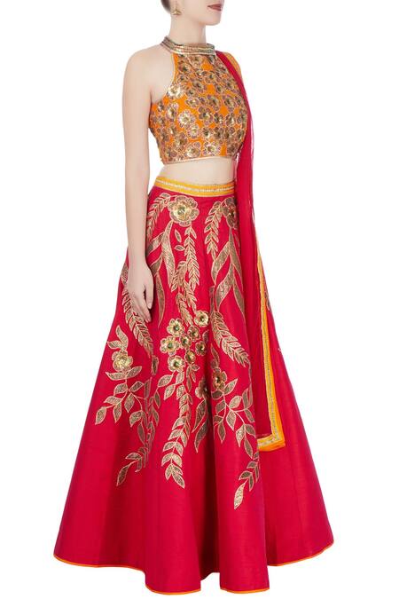 Vandana Sethi_Red Raw Silk Embroidered Gota Patti Halter Neck Lehenga Set _Online_at_Aza_Fashions