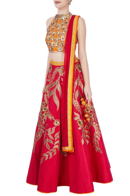 Buy_Vandana Sethi_Red Raw Silk Embroidered Gota Patti Halter Neck Lehenga Set _Online_at_Aza_Fashions