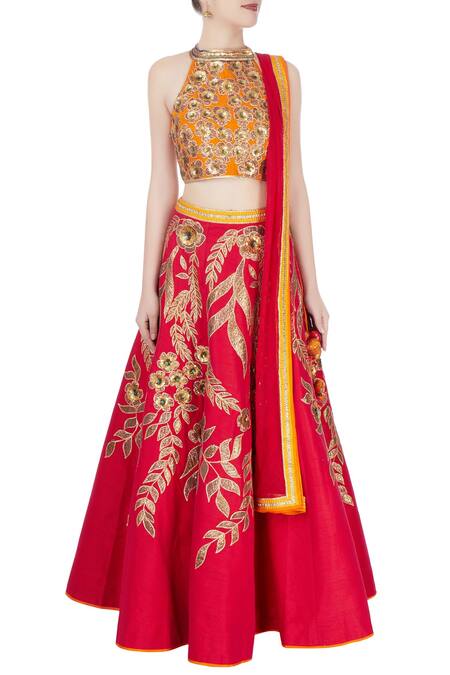 Shop_Vandana Sethi_Red Raw Silk Embroidered Gota Patti Halter Neck Lehenga Set _Online_at_Aza_Fashions