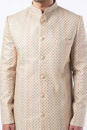 Kasbah_Beige Silk Embroidery Sherwani Set _Online_at_Aza_Fashions