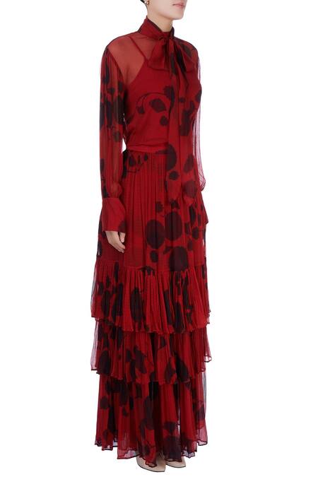 Saaksha & Kinni_Red High Neck Printed Top_Online_at_Aza_Fashions