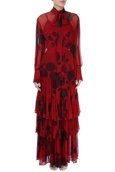 Shop_Saaksha & Kinni_Red High Neck Printed Top_Online_at_Aza_Fashions