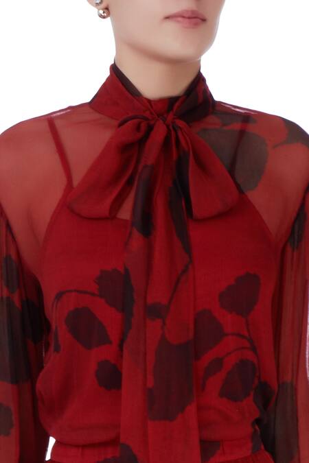 Saaksha & Kinni_Red High Neck Printed Top_at_Aza_Fashions