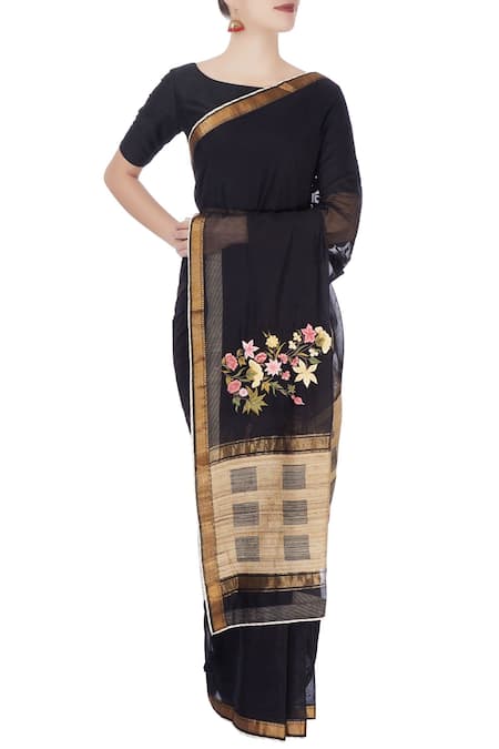 Prama by Pratima Pandey Beige Embroidered Floral Boat Neck Printed And Striped Saree For Women