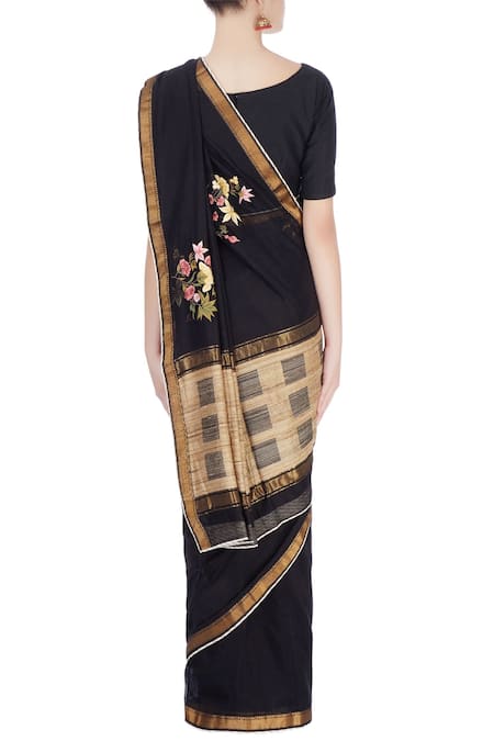 Shop Prama By Pratima Pandey Beige Embroidered Floral Boat Neck Printed And Striped Saree at Aza Fashions Shop_Prama By Pratima Pandey_Beige Embroidered Floral Boat Neck Printed And Striped Saree _at_Aza_Fashions
