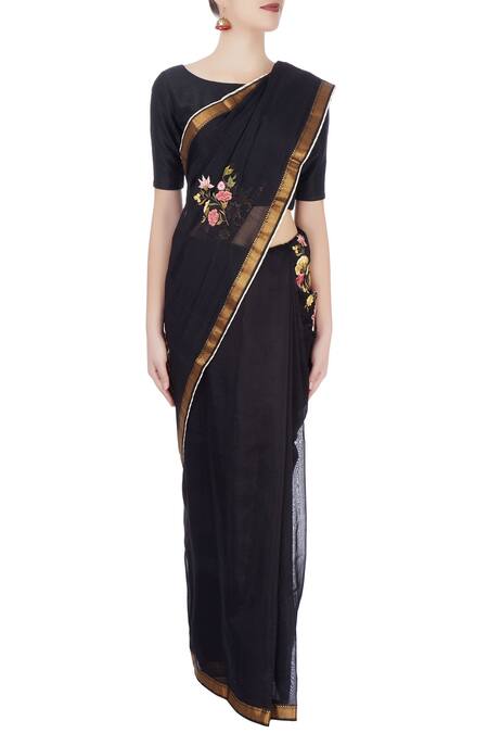 Prama By Pratima Pandey Beige Embroidered Floral Boat Neck Printed And Striped Saree Online at Aza Fashions Prama By Pratima Pandey_Beige Embroidered Floral Boat Neck Printed And Striped Saree _Online_at_Aza_Fashions