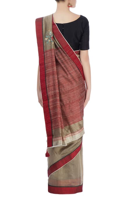 Shop Prama By Pratima Pandey Red Embroidered Floral Boat Neck Printed And Striped Saree at Aza Fashions Shop_Prama By Pratima Pandey_Red Embroidered Floral Boat Neck Printed And Striped Saree _at_Aza_Fashions
