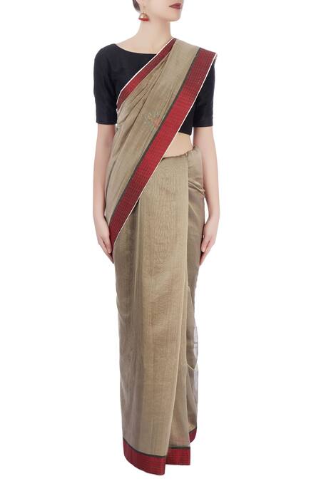 Prama By Pratima Pandey Red Embroidered Floral Boat Neck Printed And Striped Saree Online at Aza Fashions Prama By Pratima Pandey_Red Embroidered Floral Boat Neck Printed And Striped Saree _Online_at_Aza_Fashions