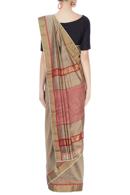 Shop Prama By Pratima Pandey Grey Embroidered Floral Boat Neck Printed And Striped Saree at Aza Fashions Shop_Prama By Pratima Pandey_Grey Embroidered Floral Boat Neck Printed And Striped Saree _at_Aza_Fashions