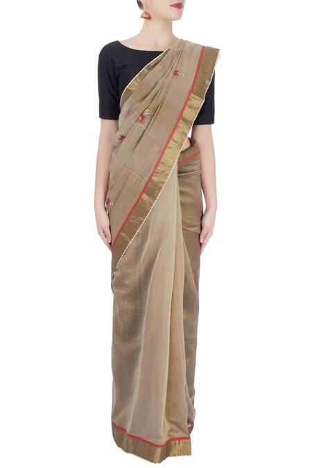 Prama By Pratima Pandey Grey Embroidered Floral Boat Neck Printed And Striped Saree Online at Aza Fashions Prama By Pratima Pandey_Grey Embroidered Floral Boat Neck Printed And Striped Saree _Online_at_Aza_Fashions