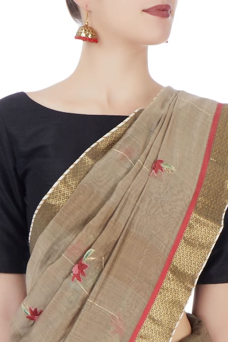Buy Prama By Pratima Pandey Grey Embroidered Floral Boat Neck Printed And Striped Saree Online at Aza Fashions Buy_Prama By Pratima Pandey_Grey Embroidered Floral Boat Neck Printed And Striped Saree _Online_at_Aza_Fashions