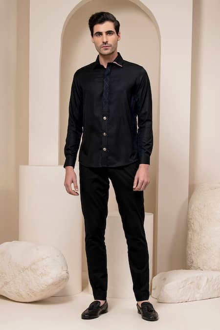 Buy Black Cotton Woven Geometric Placement Embroidered Shirt For Men by  Abkasa Online at Aza Fashions.