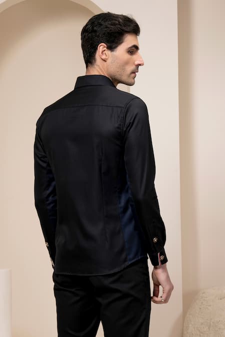 Shop Abkasa Black Cotton Geometric Placement Embroidered Shirt at Aza Fashions Shop_Abkasa_Black Cotton Geometric Placement Embroidered Shirt _at_Aza_Fashions