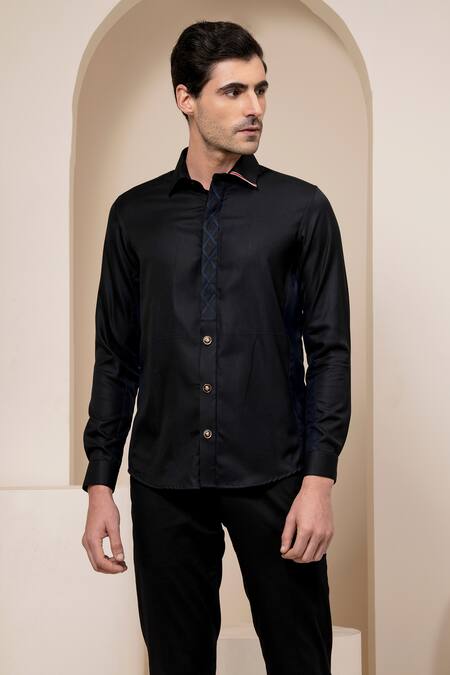 Buy Abkasa Black Cotton Geometric Placement Embroidered Shirt Online at Aza Fashions Buy_Abkasa_Black Cotton Geometric Placement Embroidered Shirt _Online_at_Aza_Fashions