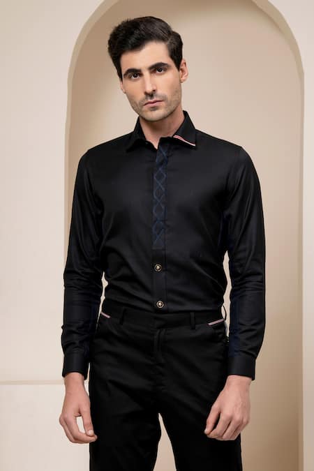 Shop Abkasa Black Cotton Geometric Placement Embroidered Shirt Online at Aza Fashions Shop_Abkasa_Black Cotton Geometric Placement Embroidered Shirt _Online_at_Aza_Fashions